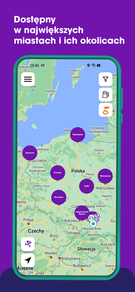 Ecrã de smartphone exibindo o mapa da aplicação Traficar com áreas de serviço em grandes cidades