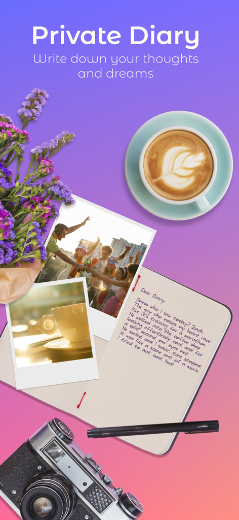 Girl Private Diary With Lock - Aesthetic flat lay with a notebook, polaroid photos, and coffee for a private diary app