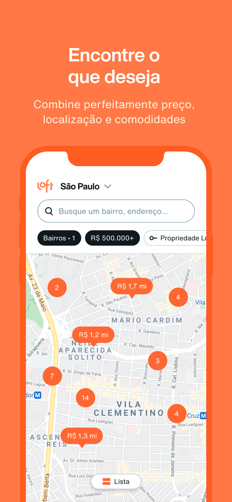 Loft Imóveis - Loft Imóveis app map interface showing real estate listings and prices in Sao Paulo Brazil