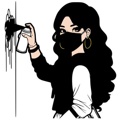 realistic girl with mask spray painting a wall