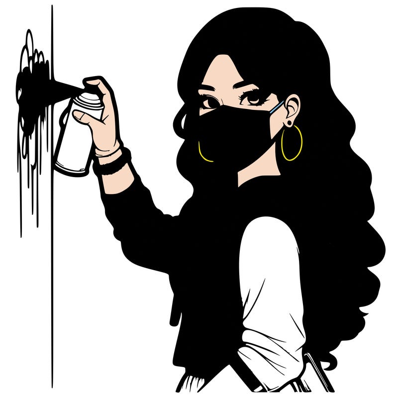 realistic girl with mask spray painting a wall