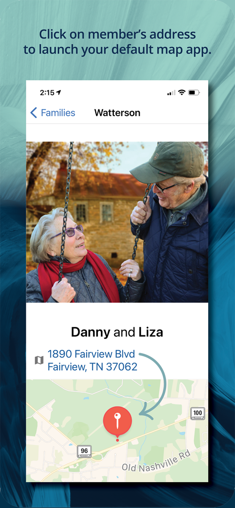 Instant Church Directory - Screenshot of a member profile showing family photo and integrated map for directions