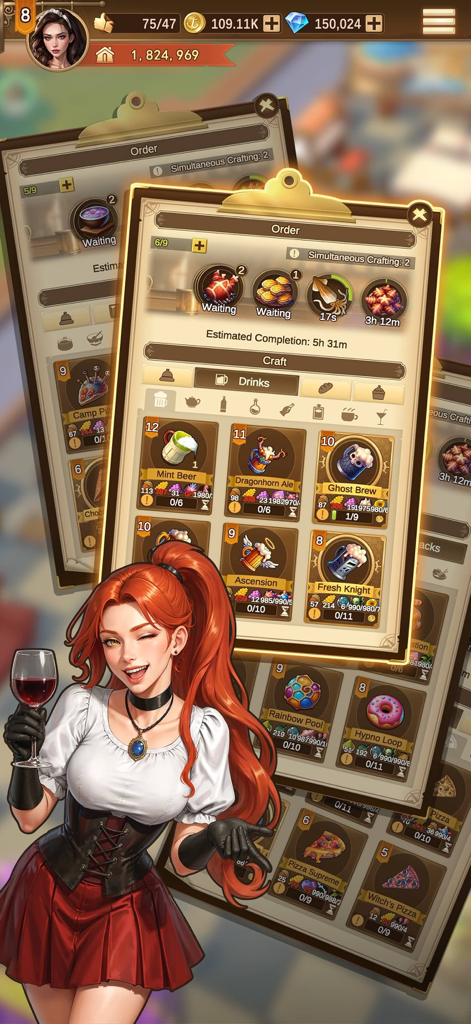 Tavern Legend - A red-haired tavern waitress stands next to a medieval drink and food crafting interface in the game Tavern Legend.
