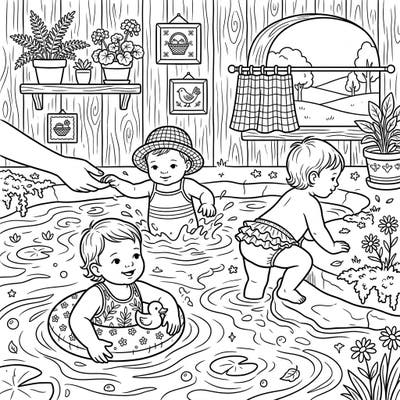 Immerse yourself in the heartwarming world of cottagecore baby swimmers with this delightful coloring page. Watch as little ones joyfully splash and explore a charming, rustic water scene, ready for your creative touch.