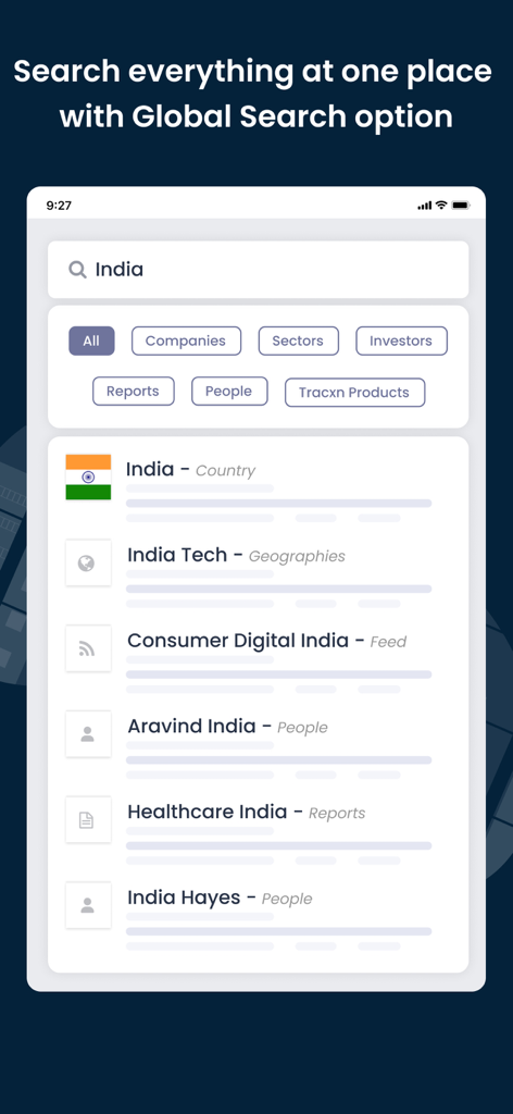 Tracxn - Tracxn app global search feature showing filtered results for companies sectors and investors.
