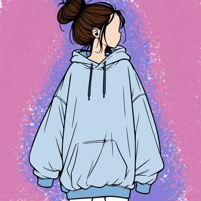 realistic girl with a oversized sweatshirt on and a bun