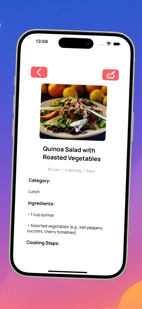 Сhеf Маstеr AI - Écran de l'application mobile Chef Master AI montrant une recette détaillée de Salade de Quinoa aux Légumes Rôtis comprenant les ingrédients et le temps de cuisson estimé