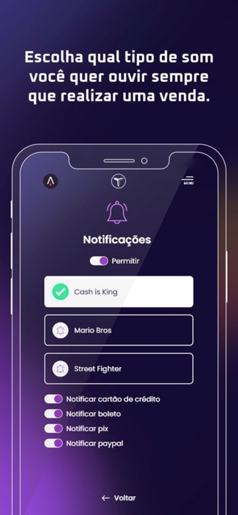 Ticto - Ticto app screen showing options to customize sales notification sounds and payment alerts
