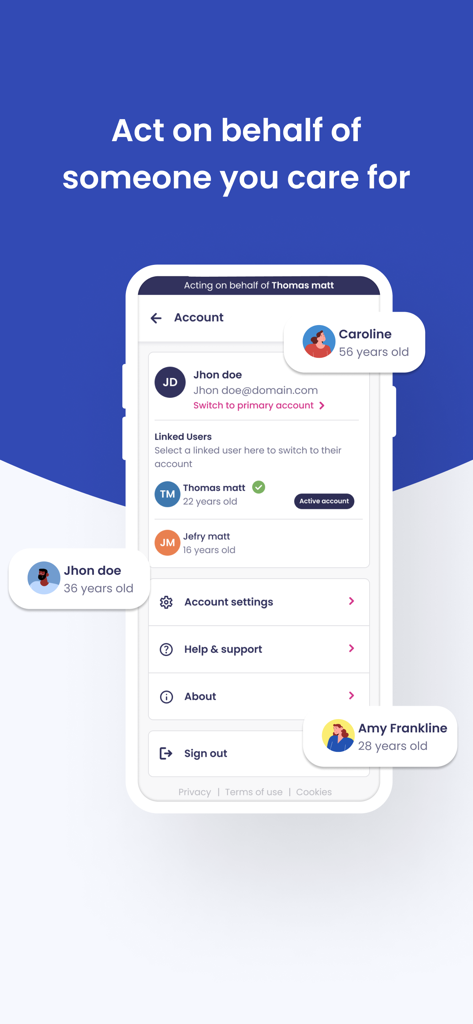 Uma interface móvel do aplicativo Patient Access mostrando uma lista de usuários vinculados para gerenciar os cuidados de saúde de membros da família.