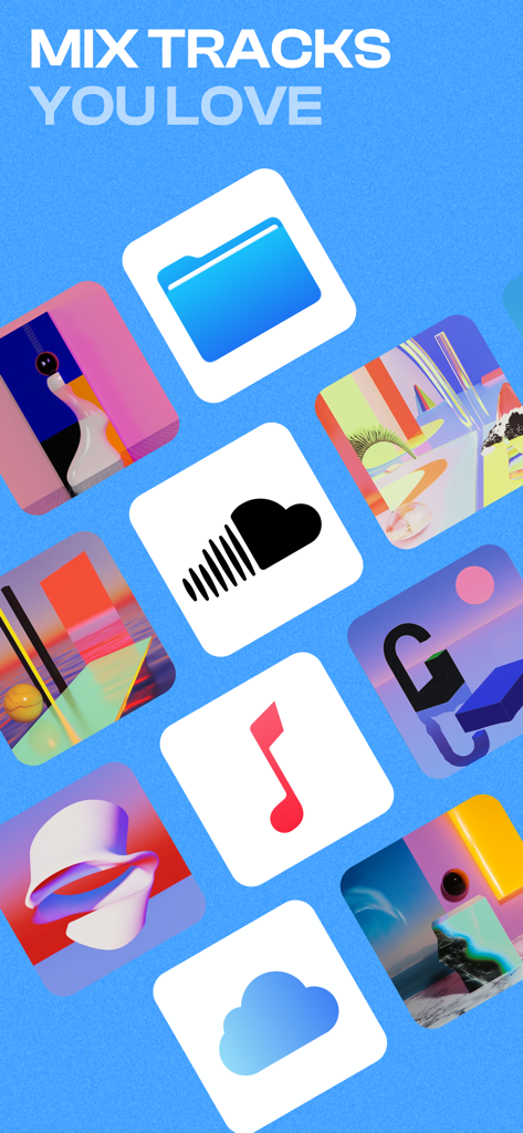 Cross DJ app interface displaying integrated music sources like SoundCloud and cloud storage for mixing tracks