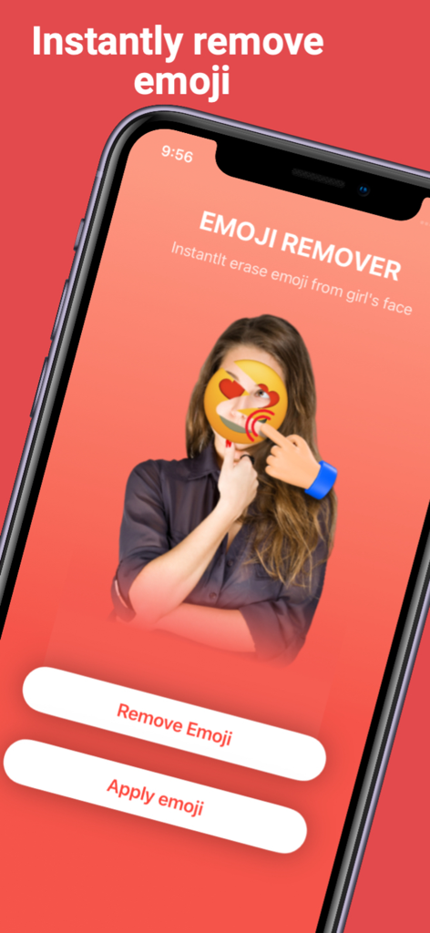 Emoji Remover - Photo Editor - Emoji Remover app interface with a woman whose face is covered by an emoji and a button to remove it