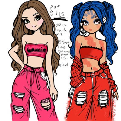 2 girls in crop tops and baggy jeans ripped