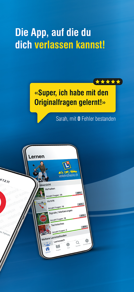 vTheorie Mofa app interface on smartphones with a five star user review and progress tracking bars
