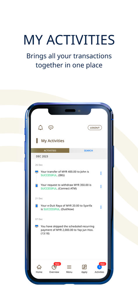 HLB Connect Mobile Banking App - Schermata dell'app di mobile banking HLB Connect che mostra un riepilogo delle attività dell'utente e della cronologia delle transazioni.