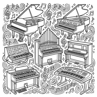 Unleash your creativity with this delightful coloring page showcasing a diverse collection of keyboard instruments. From grand pianos to modern synthesizers, it's a symphony of shapes waiting for your personal touch.