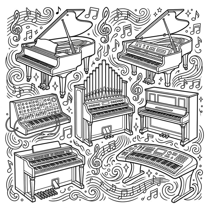 Unleash your creativity with this delightful coloring page showcasing a diverse collection of keyboard instruments. From grand pianos to modern synthesizers, it's a symphony of shapes waiting for your personal touch.