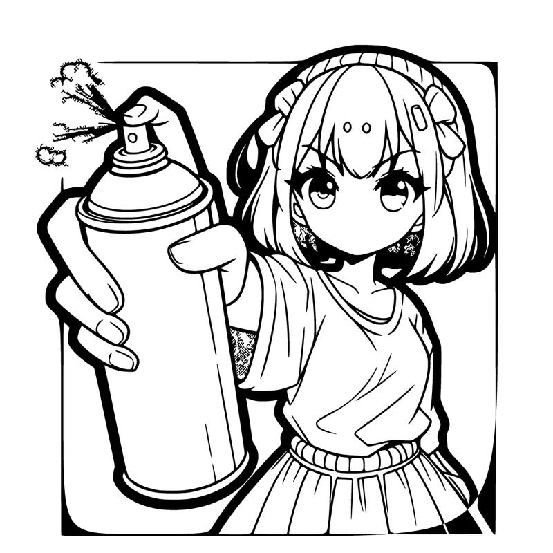 girl holding spray paint can faced towards her manga anime cute