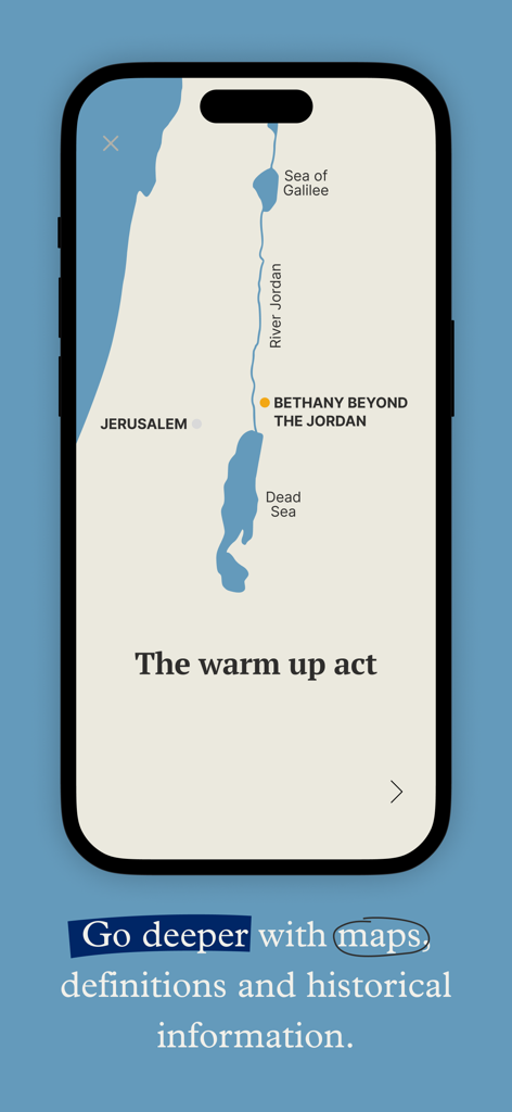 The Word One to One - Uma tela de celular mostrando um mapa de locais bíblicos como Jerusalém e o Mar Morto com uma legenda sobre explorar mapas e informações históricas.