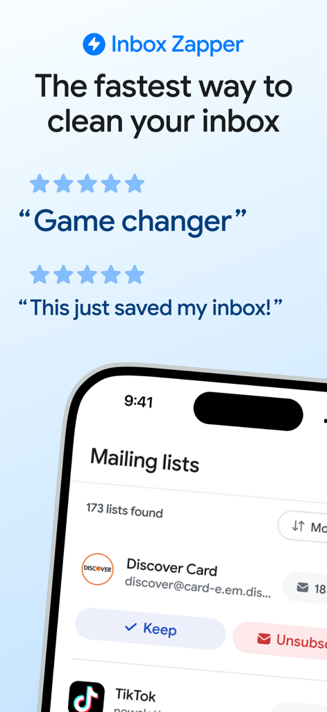 Email Cleaner: Inbox Zapper - Screenshot of the Inbox Zapper app showing a mailing list management screen with options to keep or unsubscribe from senders like Discover Card and TikTok.