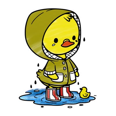 baby duck in a rain coat and boots, in a puddle while it’s raining