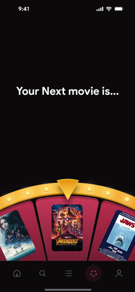 Una rueda de selección de películas dentro de la interfaz de The Movie App que muestra pósters de Rogue One, Avengers Infinity War y Jaws
