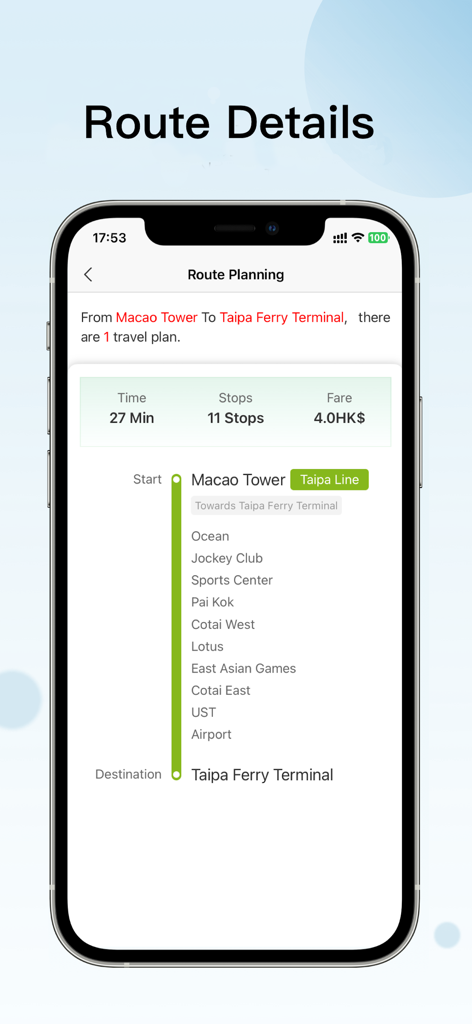 Macao LRT Map - Macao LRT Map app route details from Macao Tower to Taipa Ferry Terminal showing travel time and stops