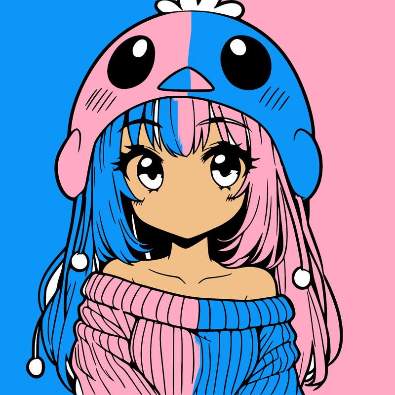 anime girl with chick shaped hat with sweater with bare shoulders with bangs covering them one eye with low tail