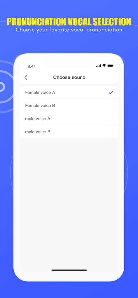 Pronunciation vocal selection screen in SpeakTranslator app showing options for male and female voices