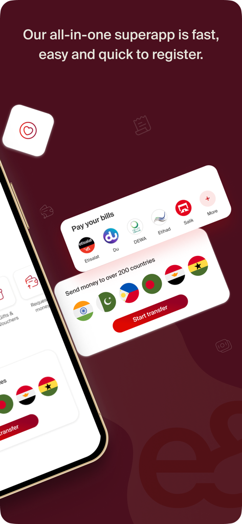 e& money UAE mobile app showing bill payment and international transfer options