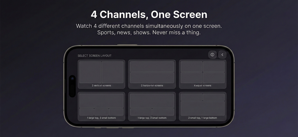 AREZTV IPTV player multiscreen layout selection screen showing options to watch up to four channels simultaneously on iPhone
