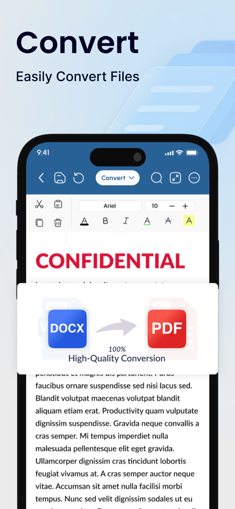 Office Suite-Word, Sheets, PPT - 高品質なDOCXからPDFへの変換を示すモバイルオフィススイートインターフェース