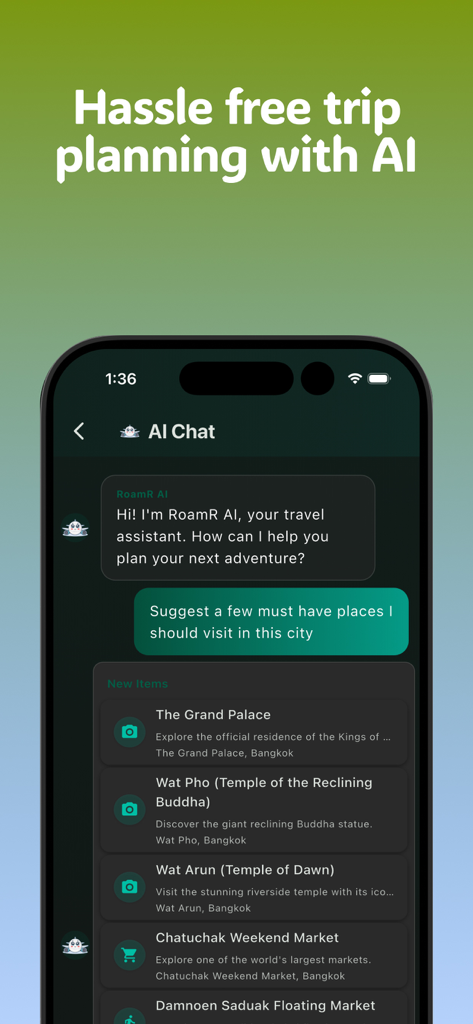 RoamR: AI Itinerary Organizer - AI chat assistant in RoamR app recommending travel spots in Bangkok
