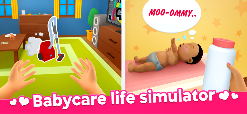 Mother Life & Baby Simulator - First person view of a player cleaning the house and applying baby powder to a virtual baby in a life simulation game