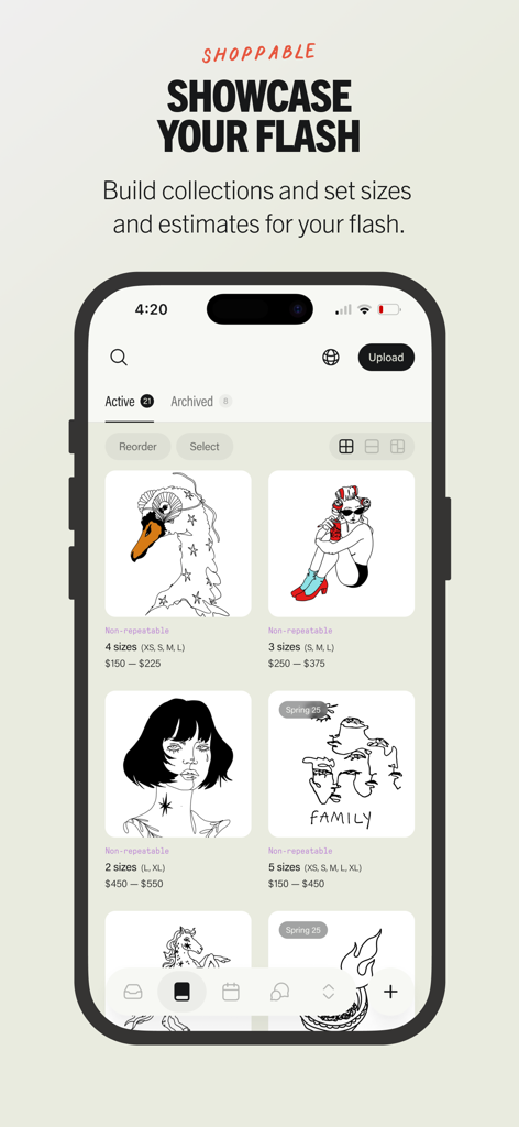 A shoppable showcase of tattoo flash designs with price estimates and sizes on the Venue Ink app.