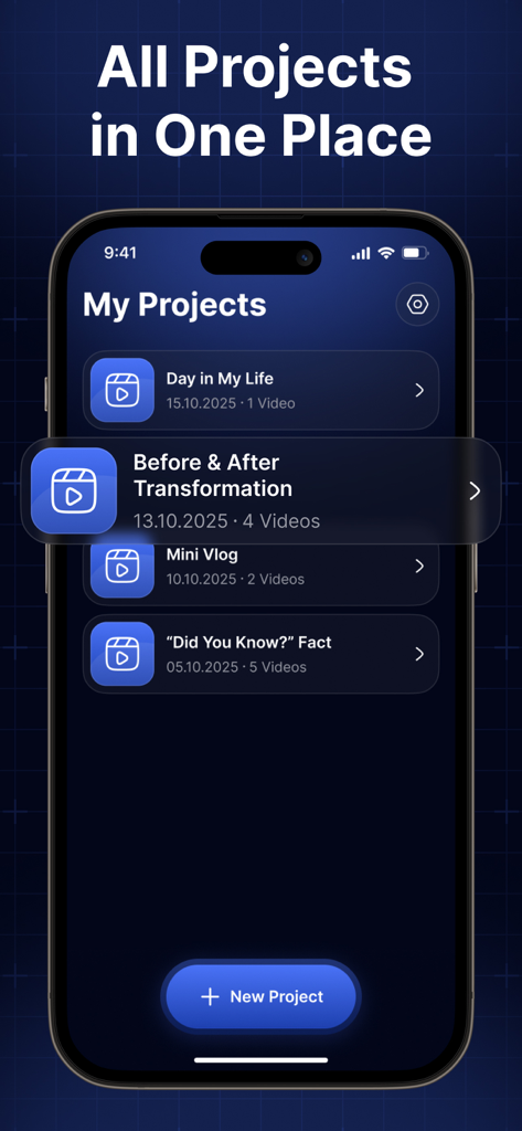 Teleprompter Video Scripts App - Pantalla de smartphone que muestra la sección Mis Proyectos de la aplicación Teleprompter para Guiones de Vídeo con varias categorías de guiones de vídeo