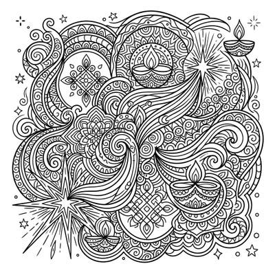 Journey through a universe of intricate patterns with this captivating Zentangle Nebulae coloring page, beautifully blended with radiant Diwali motifs. Discover swirling cosmic dust, twinkling stars, and traditional diya lamps, ready for your creative touch.