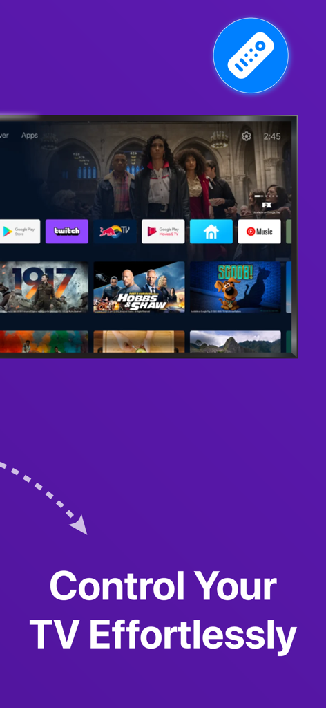 Universal TV Remote・TV Control - Smart TV interface showing streaming apps and the text Control Your TV Effortlessly