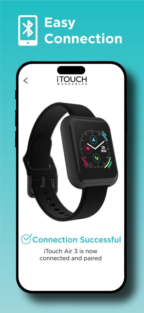 iTOUCH Wearables - Bildschirm der mobilen App, der eine erfolgreiche Bluetooth-Kopplung zwischen der iTOUCH App und einer iTouch Air 3 Smartwatch zeigt