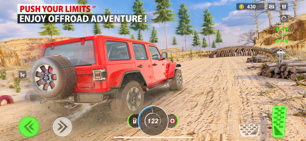 Offroad King Car Driving Game - A red 4x4 SUV driving on a desert trail with a dinosaur skeleton in the background from the Offroad King mobile game