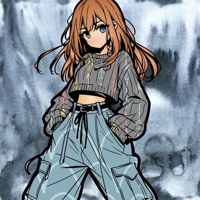 anime teen girl with baggy pants and crop top with sweater