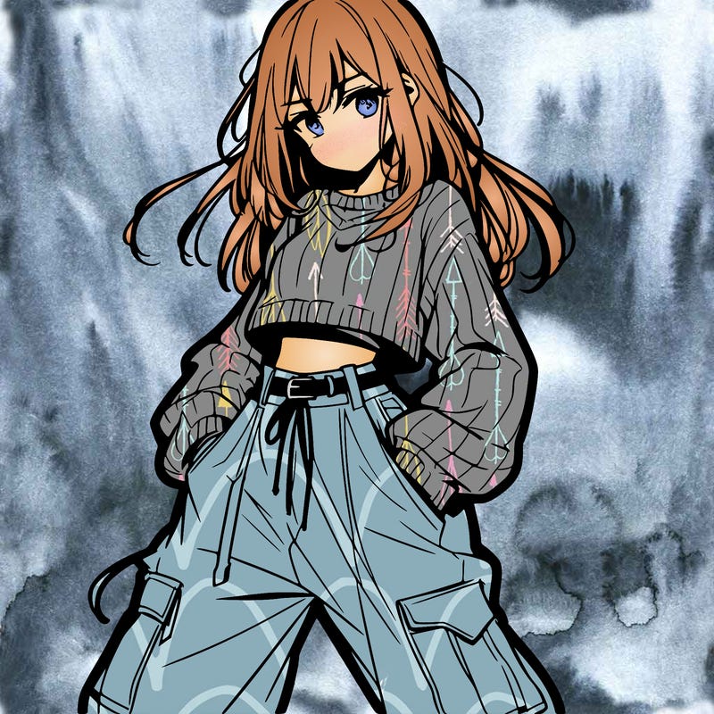 anime teen girl with baggy pants and crop top with sweater