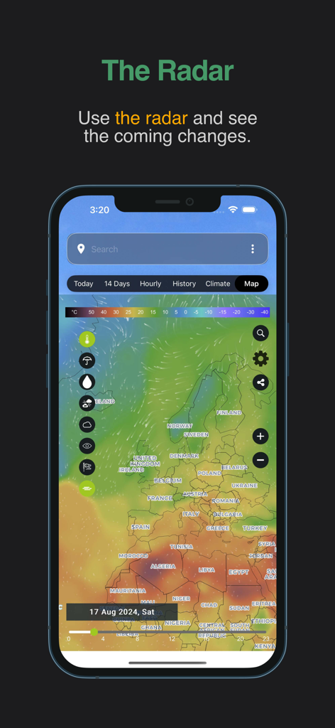 WorldWeatherOnline - Interface of the WorldWeatherOnline app showing an interactive weather radar map with temperature layers