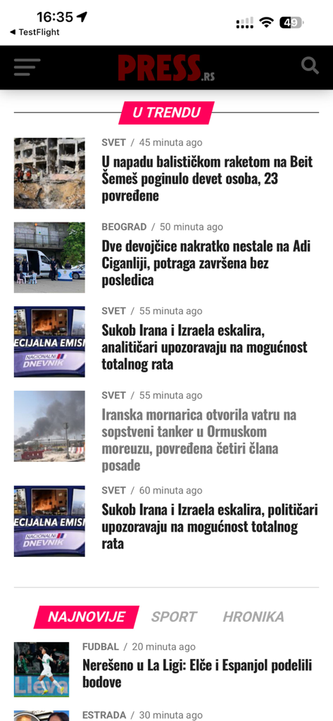 Press RS - Interface of the Press RS app showing a list of trending news articles in Serbian