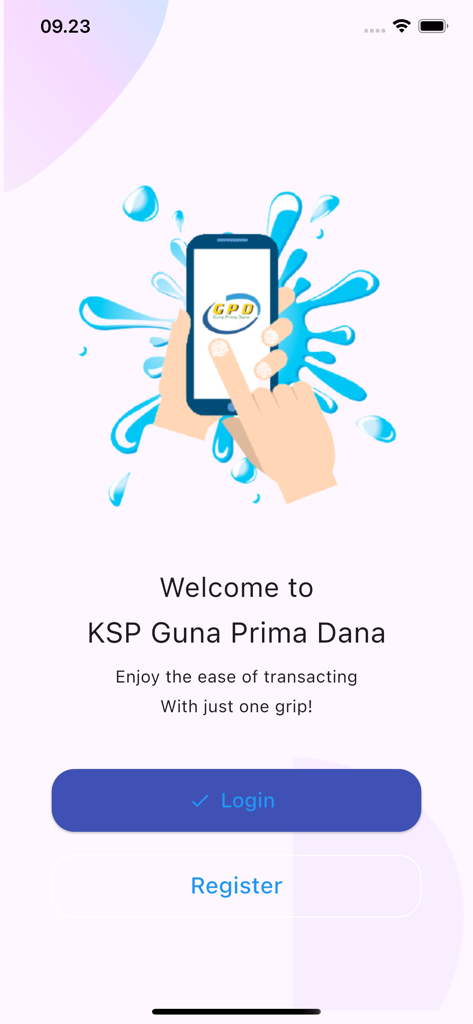 GPD Online New - GPD Online New mobile app welcome screen with login and registration buttons.