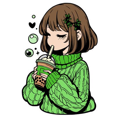manga girl drinking boba in cozy sweater