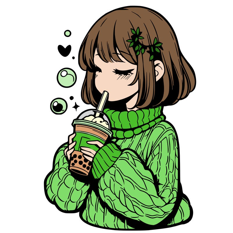 manga girl drinking boba in cozy sweater