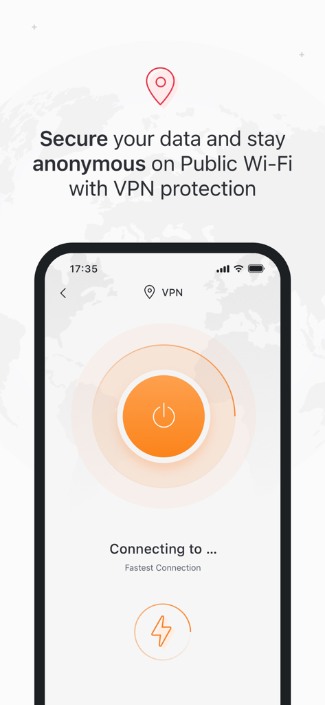 Interface do aplicativo móvel TotalAV mostrando a tela de conexão VPN para navegação segura e anônima em Wi-Fi público