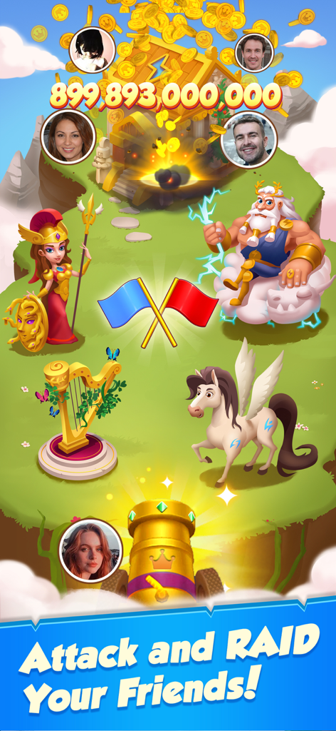 Royal Spin - Coin Frenzy - Gráfico promocional para Royal Spin mostrando personagens mitológicos e uma mecânica de invasão contra amigos com altas pontuações de moedas.