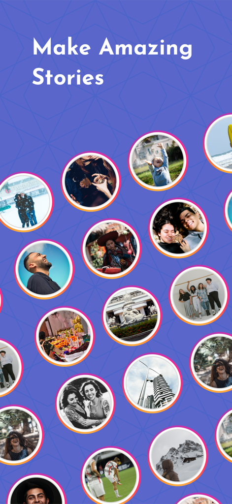 Montage app promotional screen featuring a collage of lifestyle photos and the text Make Amazing Stories