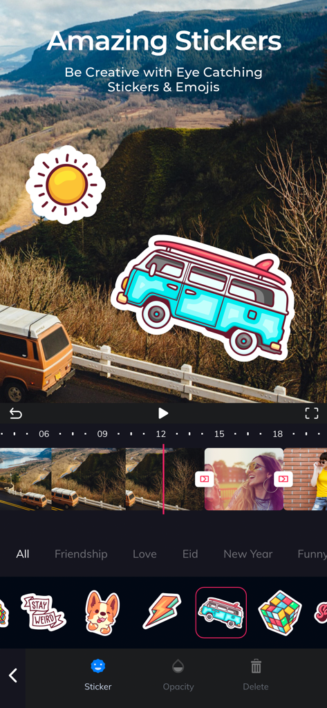 Add Music to Video‎‎‏‏‎ ‎ - Interface of the Add Music to Video app showing how to overlay creative stickers on a video